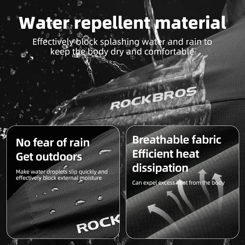 Water repellent material with ROCKBROS branding, showing water droplets and text about product features.
