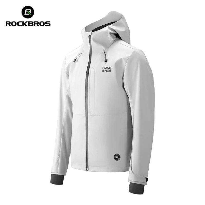 White jacket with black accents on a white background, featuring the RockBros brand. #Color_white