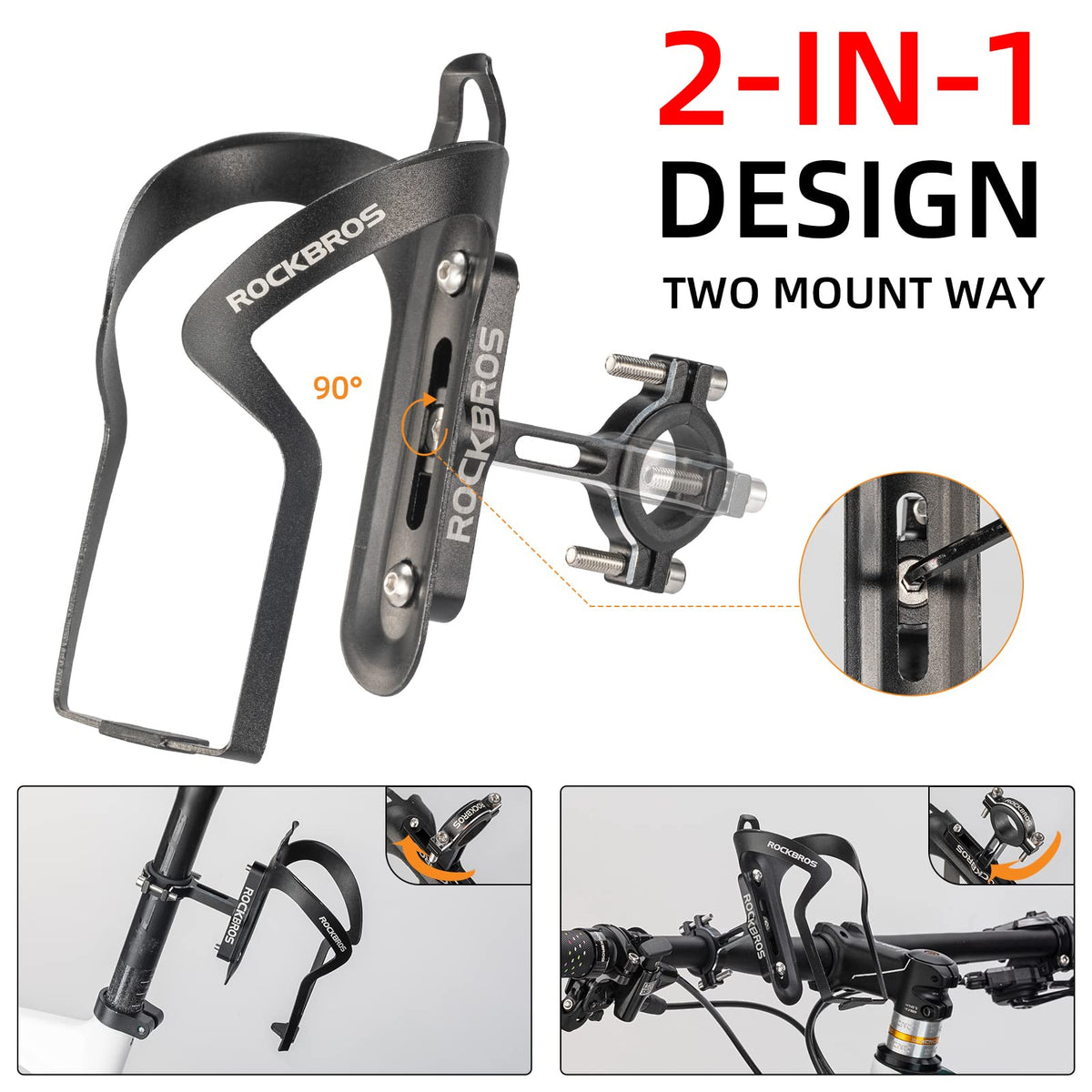 ROCKBROS 2-in-1 Bike Cup Holder Adjustable Bottle Cage for Handlebars & Seat Post - ROCKBROS