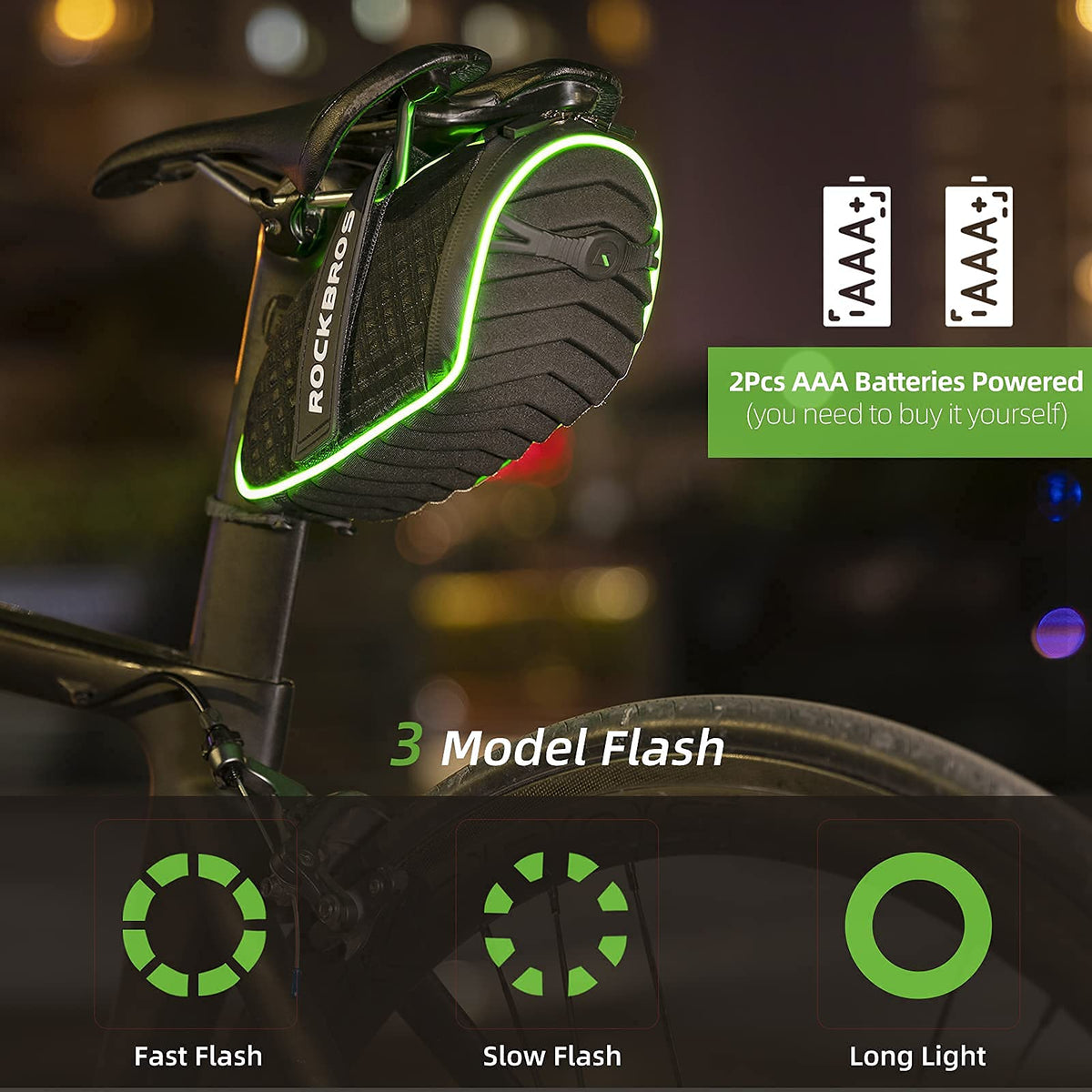 ROCKBROS Bolsa de sillín para bicicleta con luz LED, impermeable, carcasa 3D y cubierta para lluvia