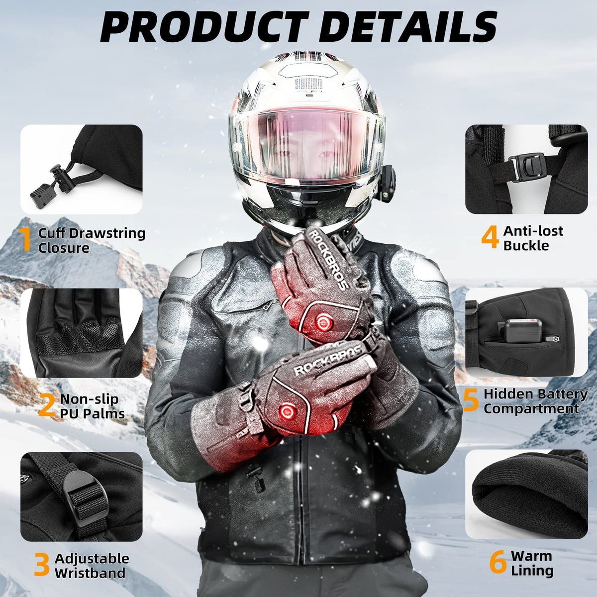 ROCKBROS Heated Gloves, Rechargeable Winter Touchscreen Gloves for Cycling, Skiing, Motorcycling