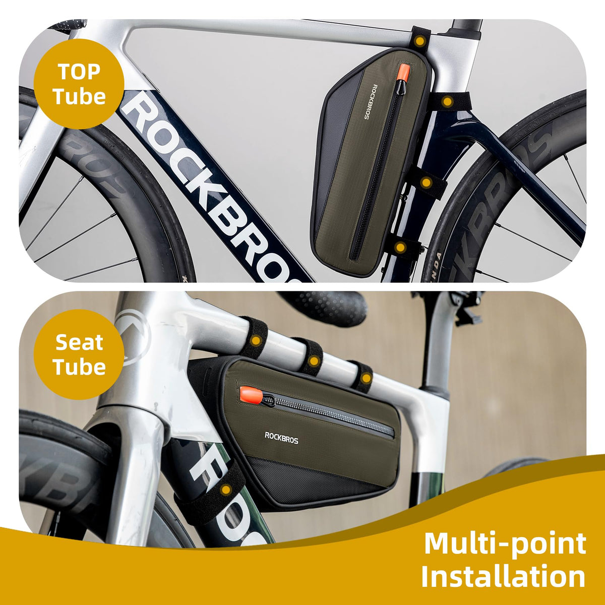 ROCKBROS Bolsa para cuadro de bicicleta, bolsa para manillar de bicicleta, con cremalleras de gran apertura, 1.5 L