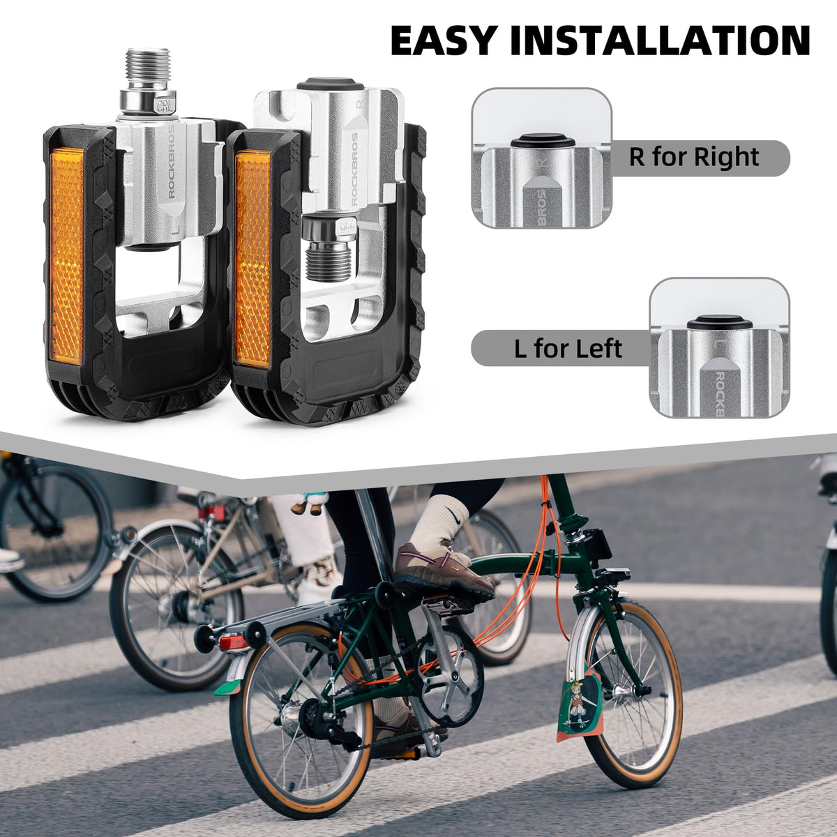 ROCKBROS Aluminum Alloy Foldable Bike Pedals 9/16 with Lightweight Reflective Strips Non-Slip - ROCKBROS