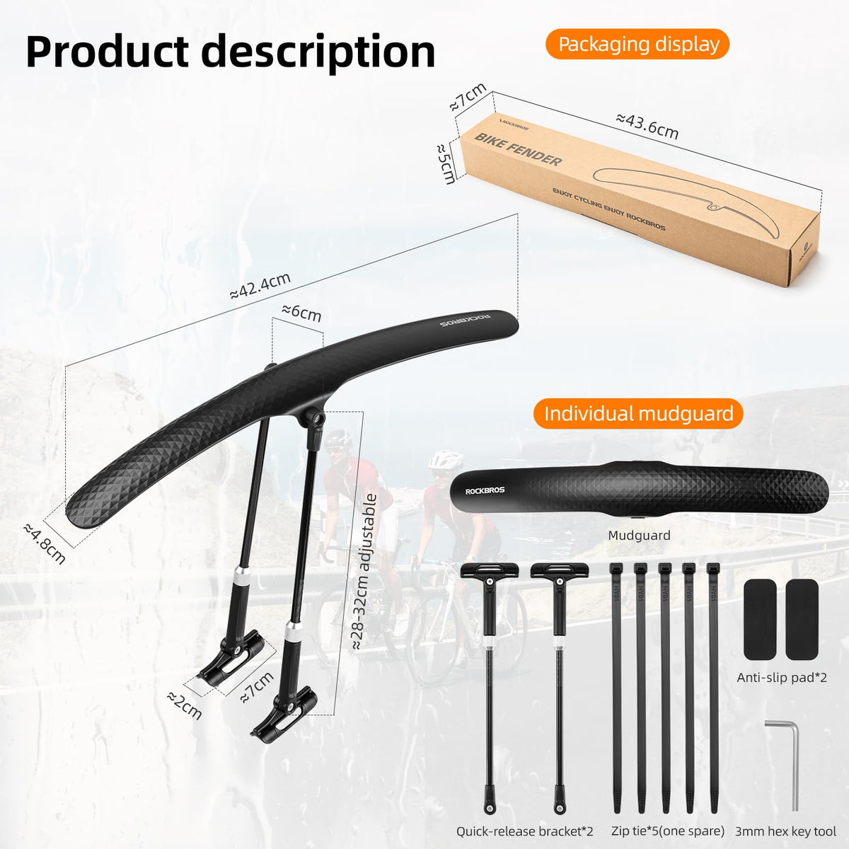 ROCKBROS Adjustable Bike Fenders Set for Road Bikes Easy Install - ROCKBROS