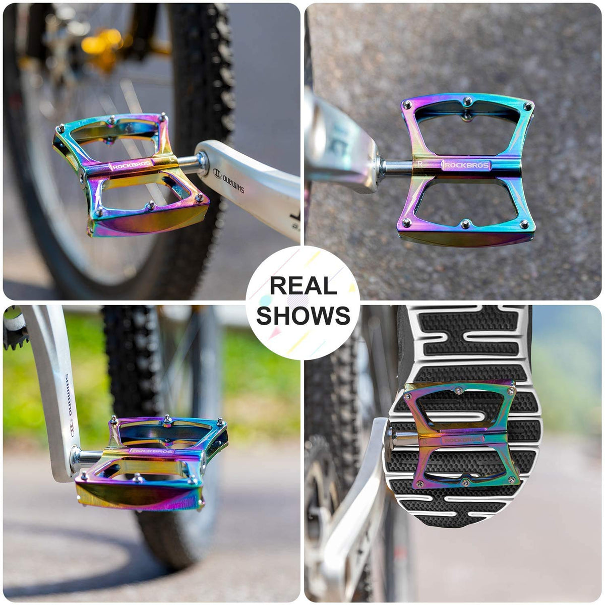 ROCKBROS Pedales de bicicleta MTB coloridos, de aluminio duradero, antideslizantes, 3 rodamientos, plataforma de 9/16"