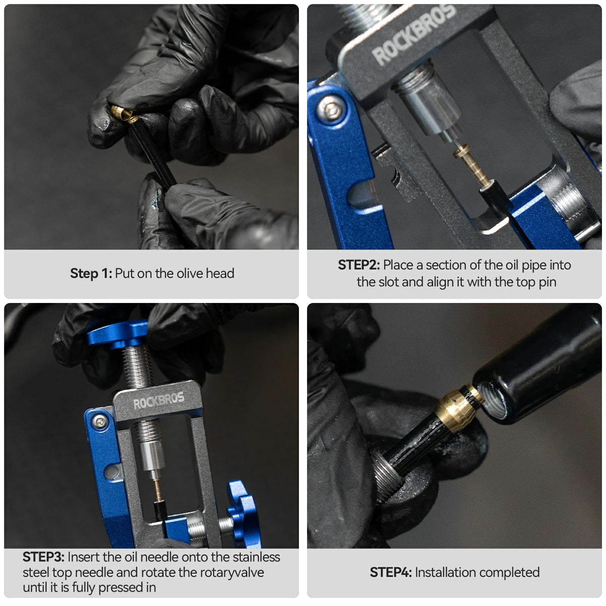 A four-panel instructional graphic showing how to install an oil pipe needle. Gloved hands are visible in each panel, with text labels reading Step 1 through Step 4.