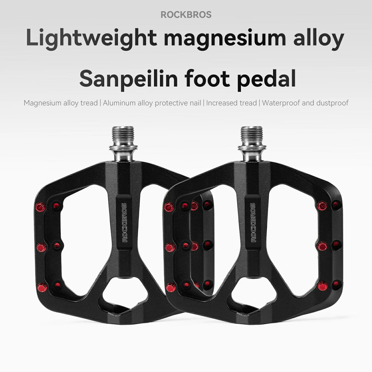 Two black Rockbros Sanpeilin bicycle foot pedals made of lightweight magnesium alloy, shown on a light gray background with product feature text above.