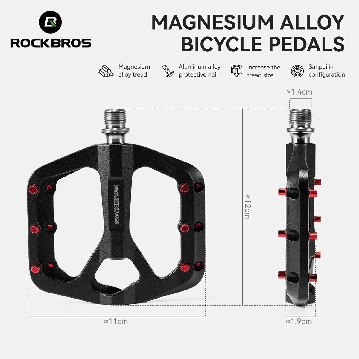 Rockbros magnesium alloy bicycle pedal shown on a light gray background with technical callouts and dimensions. The main view shows the top-down platform shape, side view shows the profile, and text highlights magnesium alloy tread, aluminum alloy protective nail, increased tread size, and sandinell configuration.