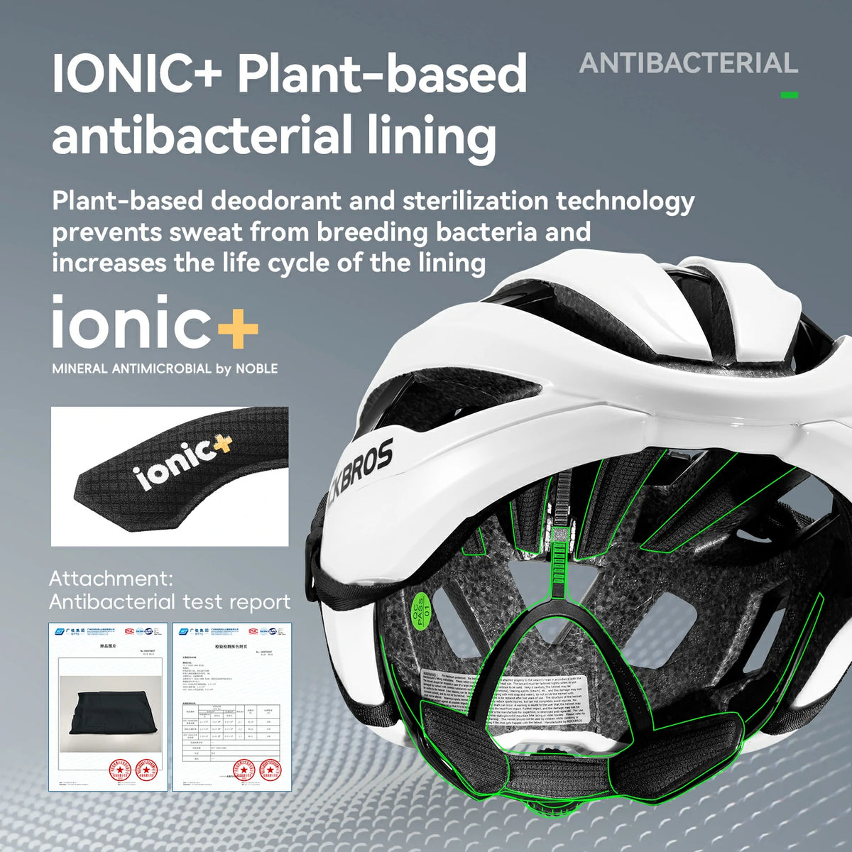 White and black bicycle helmet shown from the inside with green line highlights, alongside text about ionic+ plant-based antibacterial lining and a small inset showing the black lining with the ionic+ label.