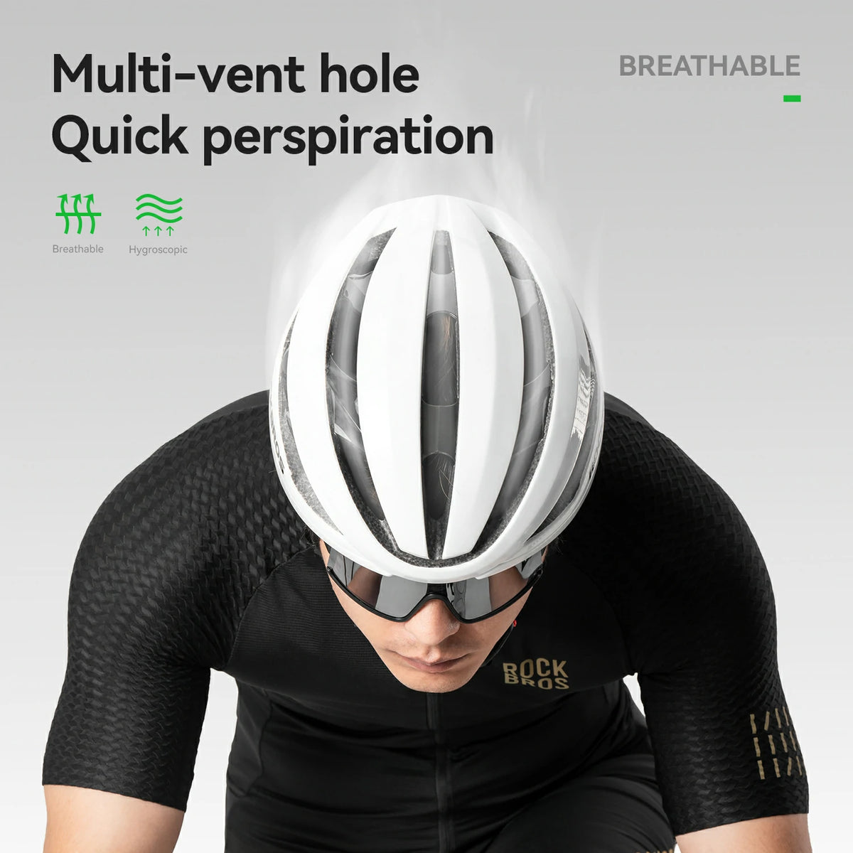 A cyclist in a black Bock Racing jersey wearing a white aerodynamic cycling helmet with multiple vent holes, shown against a light gray background with marketing text 'Multi-vent hole Quick perspiration' and 'BREATHABLE'.