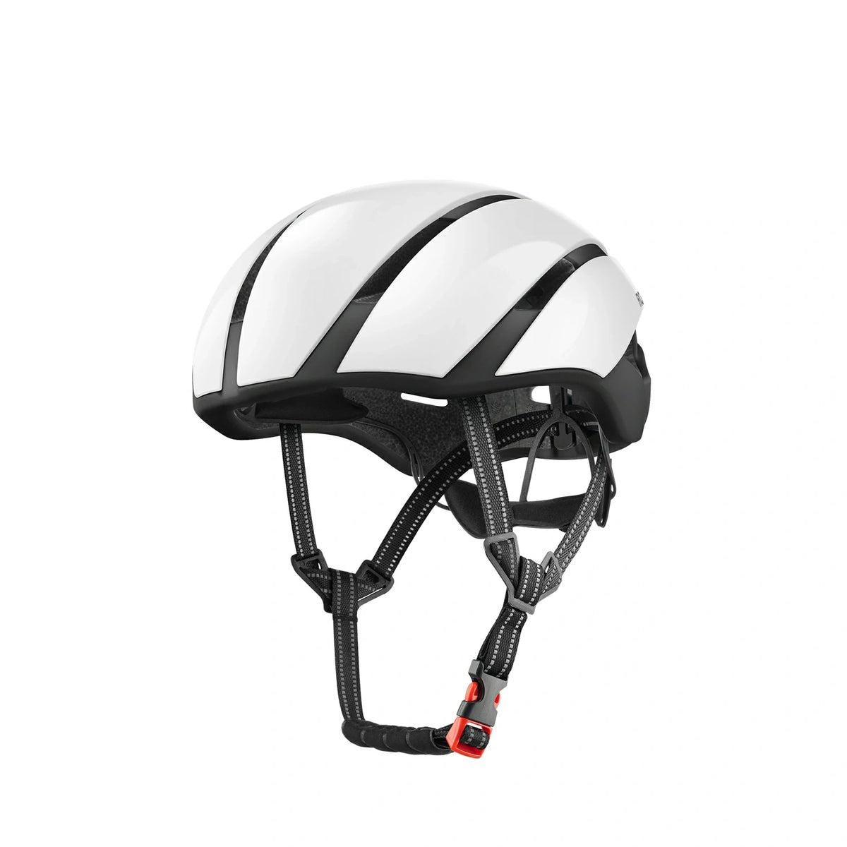 A white bicycle helmet with black accents and black chin straps, shown from a side profile on a solid white background. #Color_White