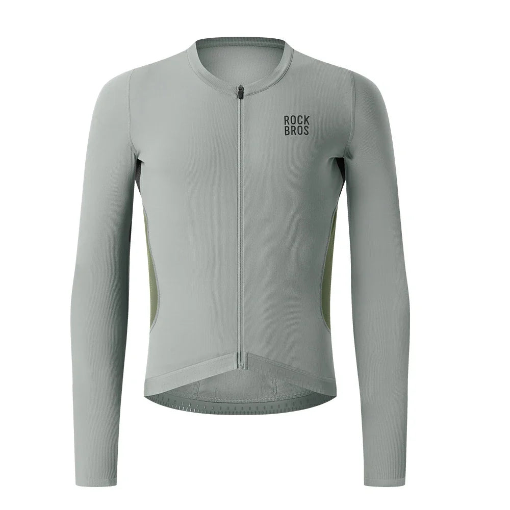 A light gray long-sleeve cycling jersey with a full front zipper, a crew neck, and the 'ROCKBROS' logo printed in black on the left chest. The jersey is shown on a clean white background. #Color_Gray