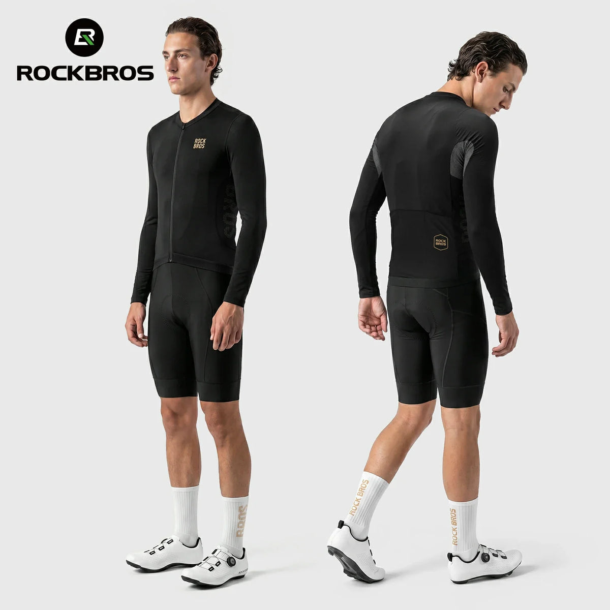 Two male models wearing a black Rockbros cycling kit, shown from the front and back, on a light gray studio background. The kit includes a long-sleeve jersey and matching shorts, with white socks and cycling shoes. #Color_Black