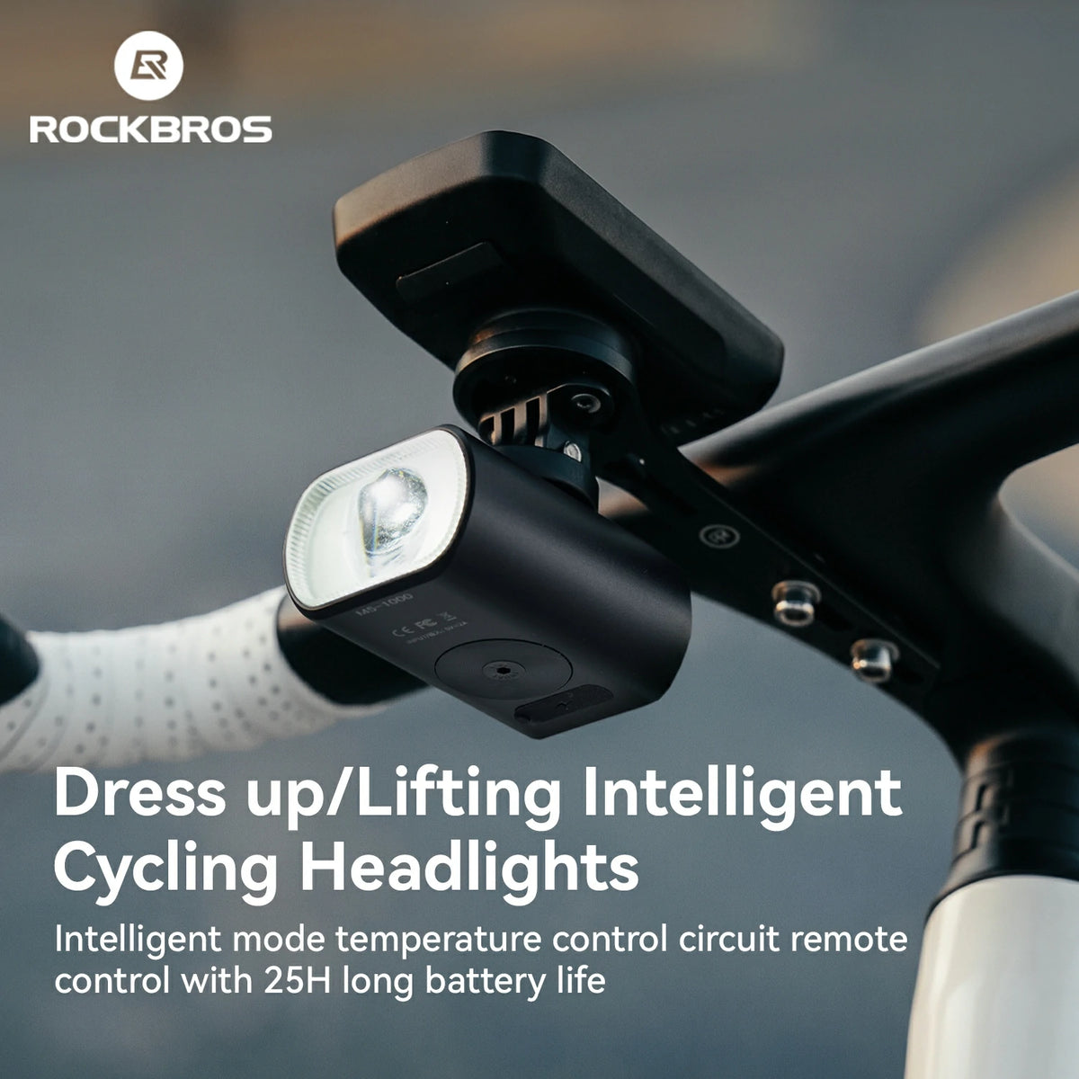 A black Rockbros intelligent cycling headlight mounted on a bicycle handlebar, with promotional text and the Rockbros logo in the upper left.