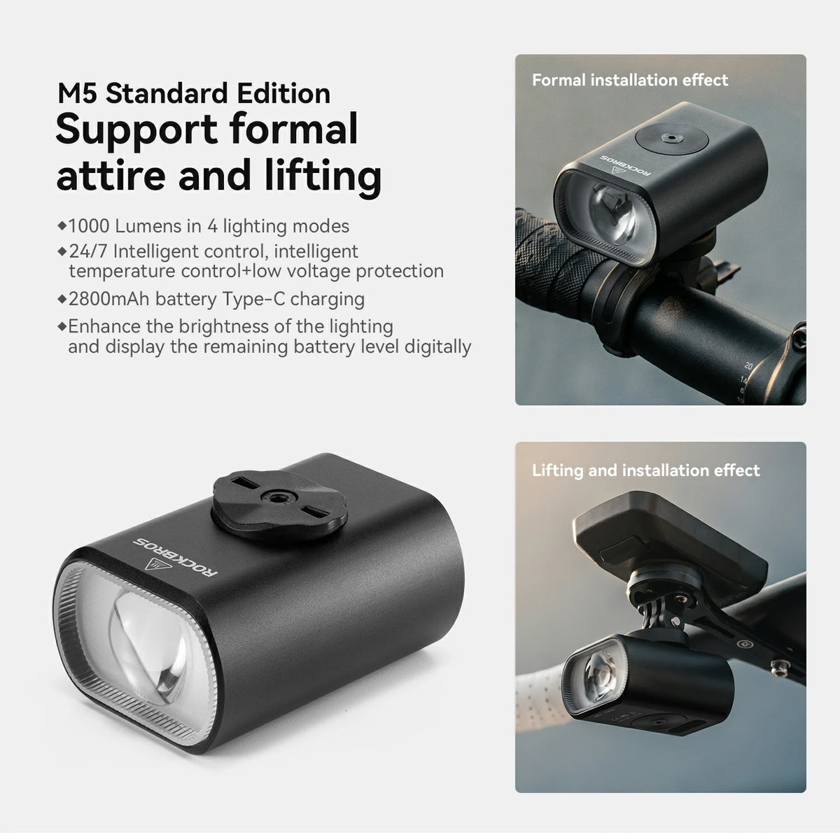 A promotional graphic for a black bicycle headlight labeled 'M5 Standard Edition' with text callouts and two inset photos showing the headlight mounted on a bike. The main product is shown prominently on a light gray background, with additional views demonstrating formal installation and lifting/attachment effects. #Color_Standard Version