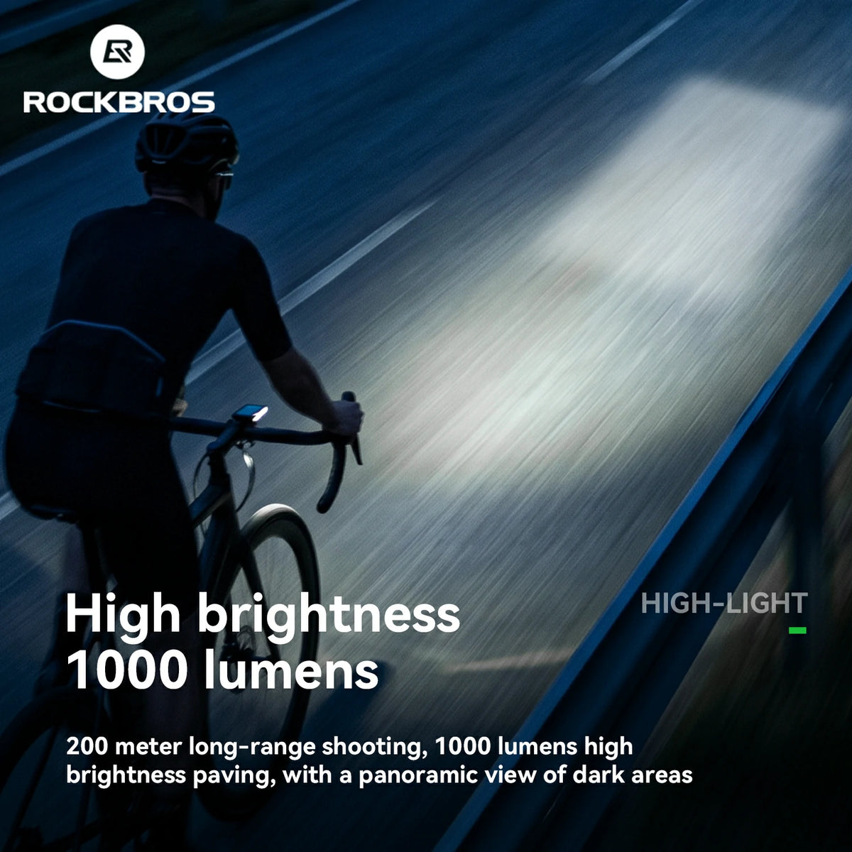A cyclist riding on a dark road at night with the Rockbros bike light turned on, casting a bright beam of light. The image features the Rockbros logo, 'High brightness 1000 lumens' text, and a dark blue background with motion blur.