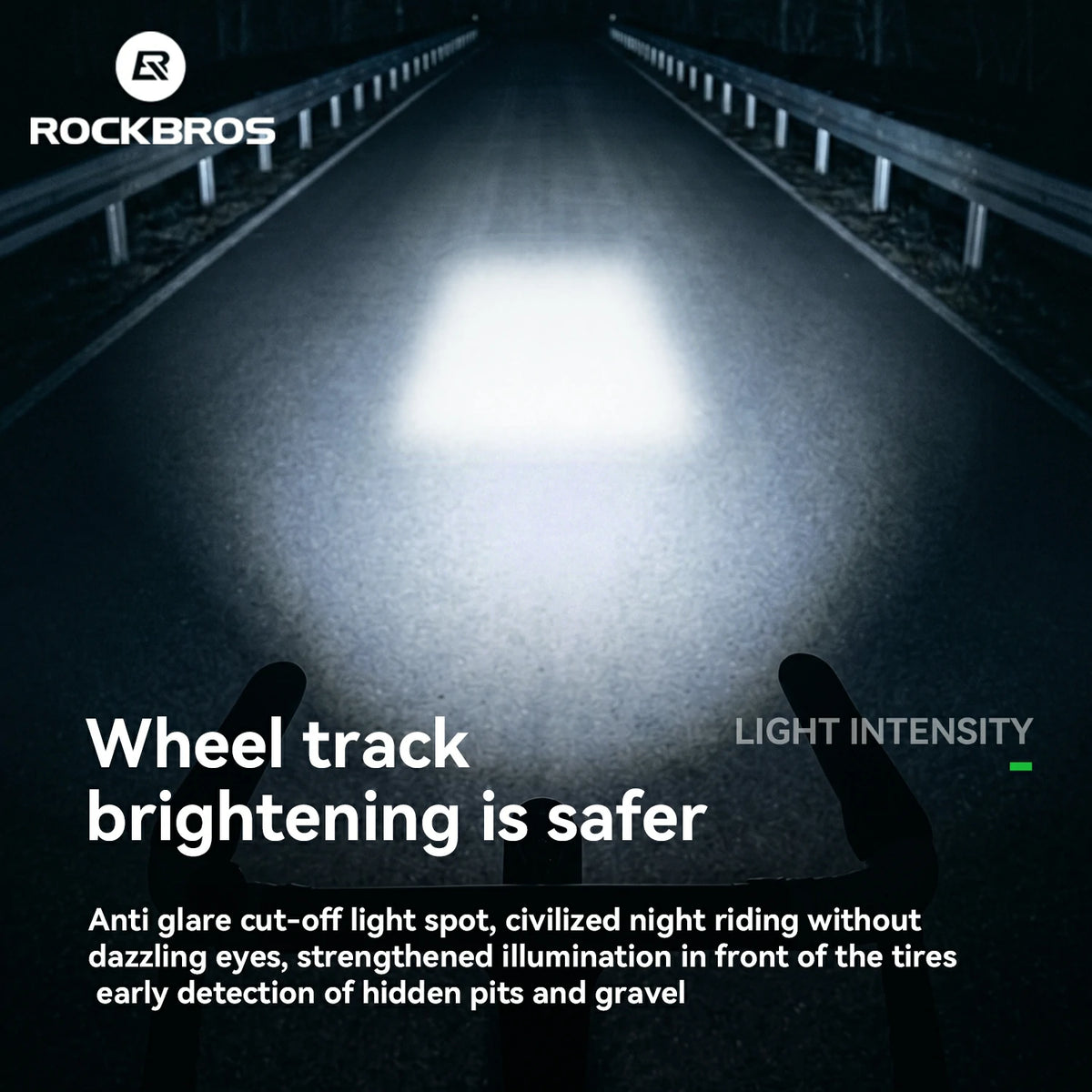 Rockbros promotional graphic showing a bright rectangular light beam cutting through a dark road at night, with the text 'Wheel track brightening is safer' and descriptive copy about anti glare cut-off light spot and tire illumination.