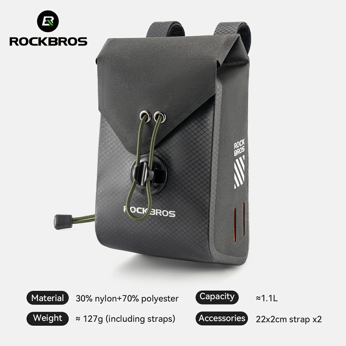 A dark gray Rockbros backpack-style bottle carrier with a flap closure, drawstring detail, and visible Rockbros branding, shown on a light gray background with product specs listed below.