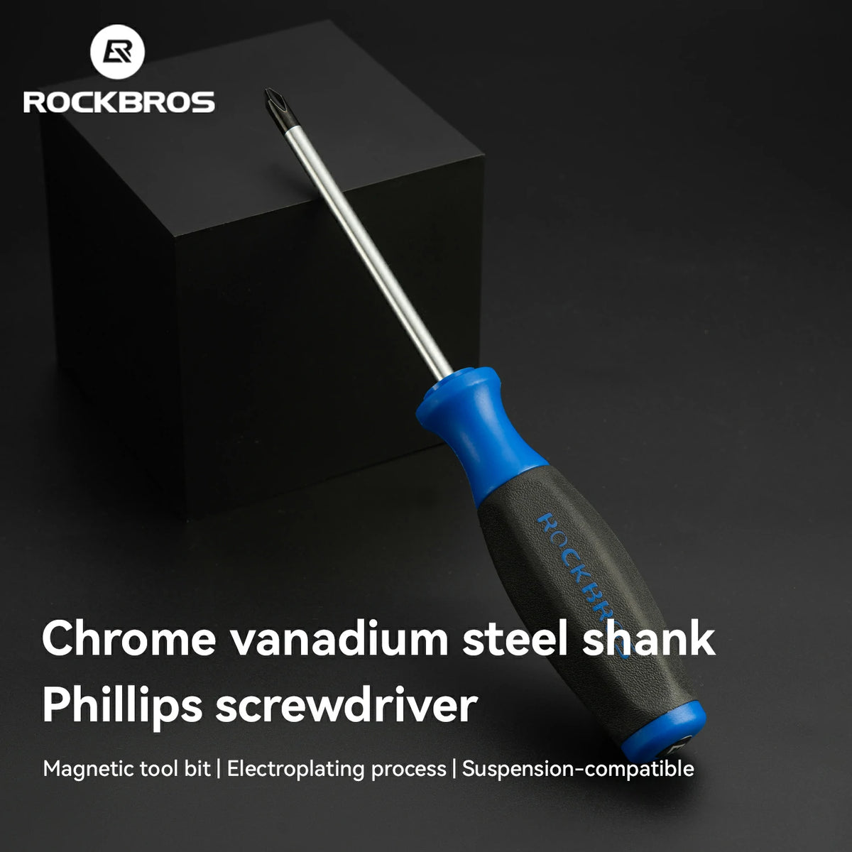 A Rockbros Phillips screwdriver with a chrome vanadium steel shank and blue/black handle, shown resting against a black block on a dark background with product text overlay.