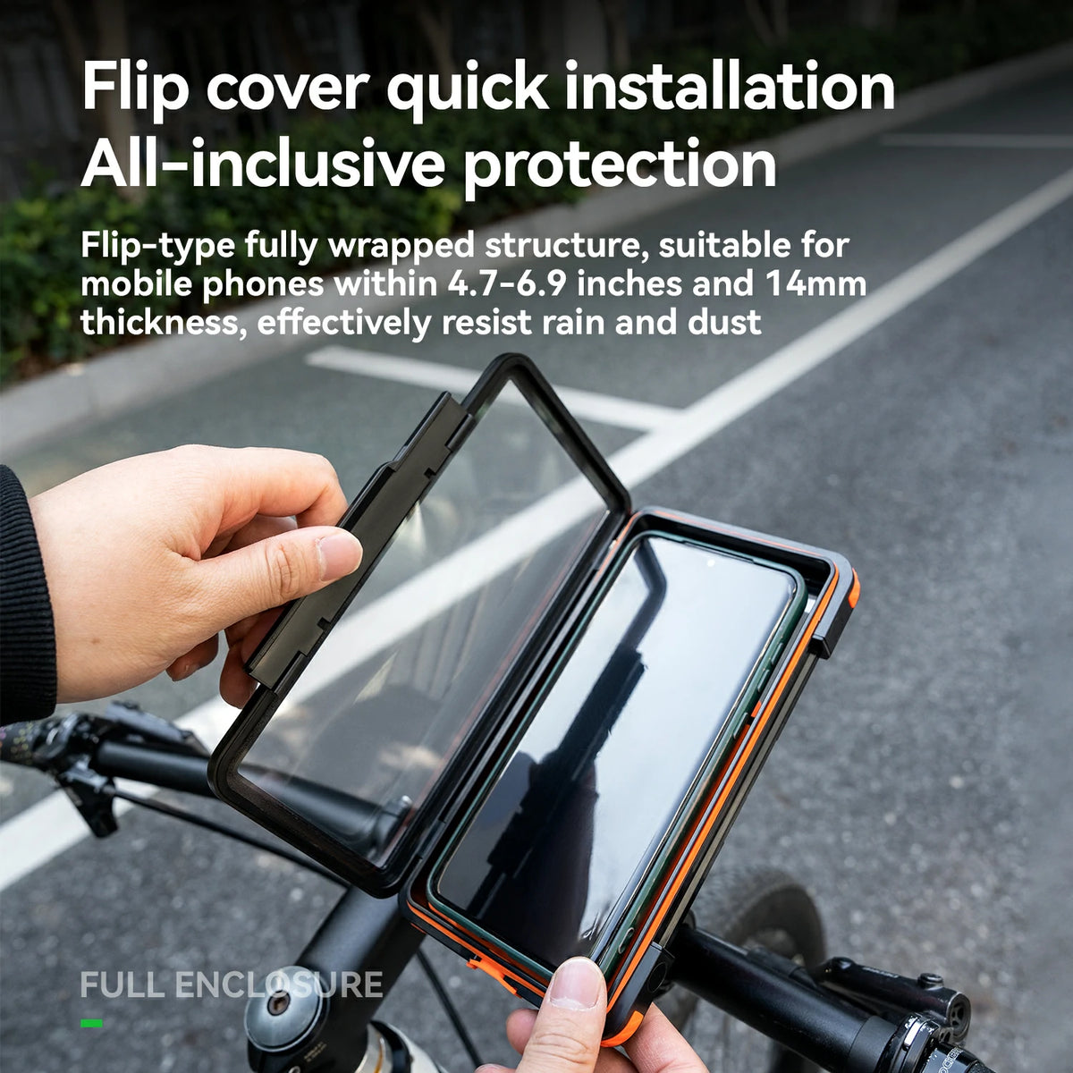 Person holding a flip cover phone case with text about quick installation and protection.