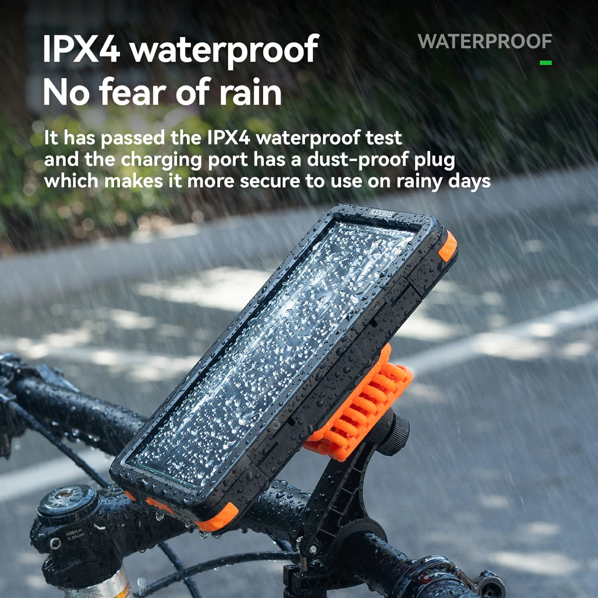 Waterproof phone case on a bike with rain droplets, text about IPX4 waterproof rating.