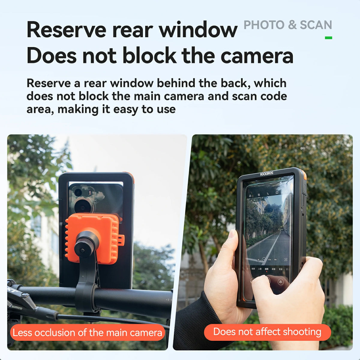 Product demonstration with a phone and camera accessory, showing how it does not block the main camera.