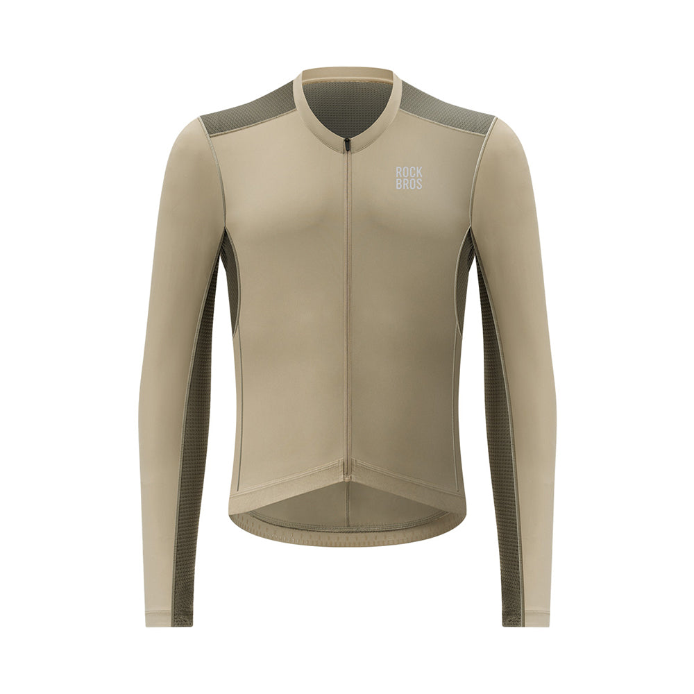 A long-sleeve cycling jersey in beige with dark gray shoulder panels and side vents, featuring a full front zipper and the 'SOCK PANTS' logo on the left chest, shown on a plain white background. #Color_khaki
