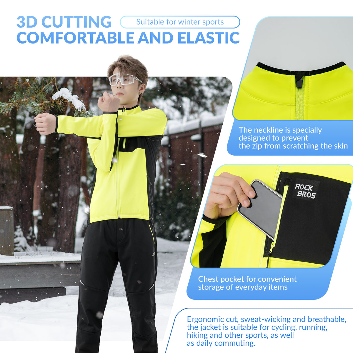 Person wearing a yellow and black jacket with text highlighting features, outdoors in winter.