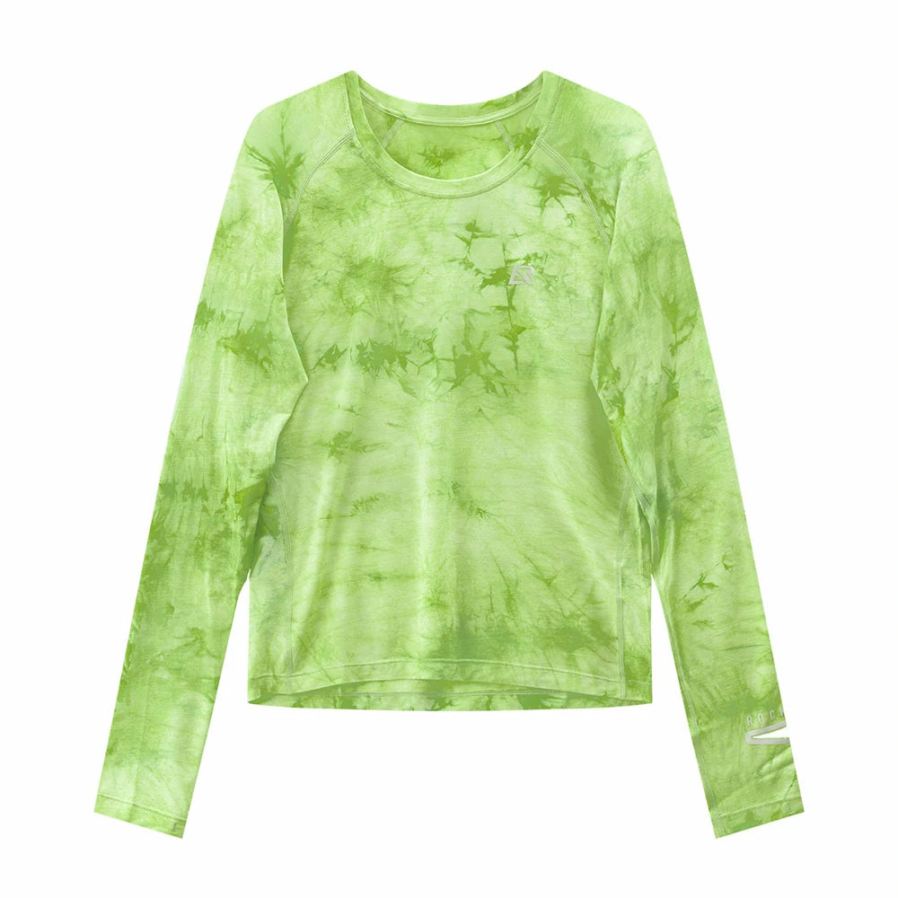 A long-sleeve crewneck athletic shirt in a light green tie-dye pattern, shown flat against a solid white background. #Color_Green