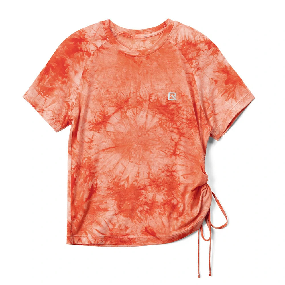 An orange and coral tie-dye short-sleeve t-shirt with a small white embroidered letter 'R' on the left chest and a side drawstring hem, shown flat on a white background. #Color_Orange(Women)