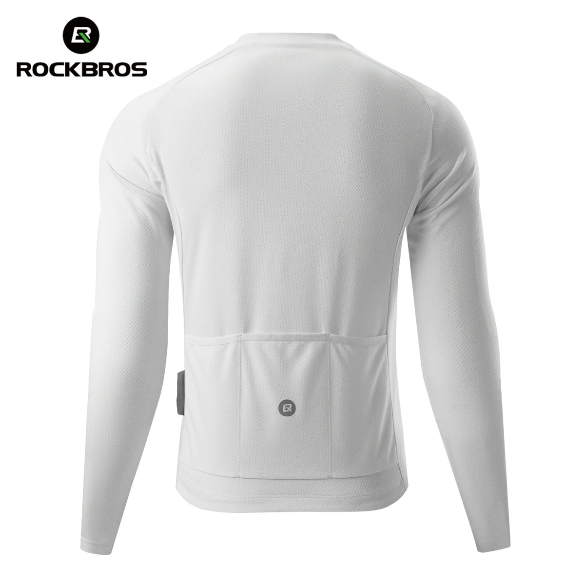 White long-sleeve shirt with a pocket on a white background, featuring the RockBros brand. #Color_White