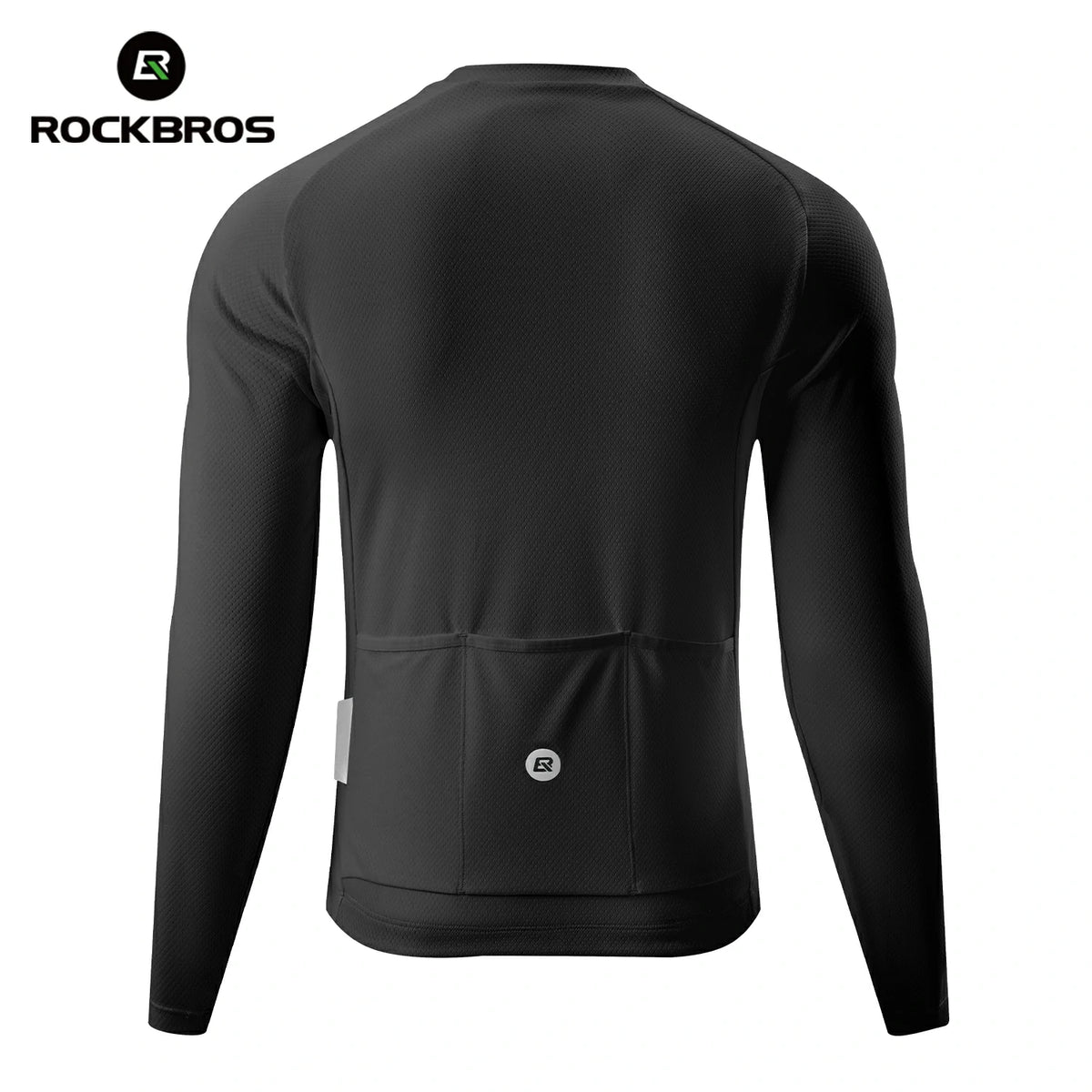 Black long-sleeve athletic shirt with a pocket on a white background, featuring the RockBros brand. #Color_Black