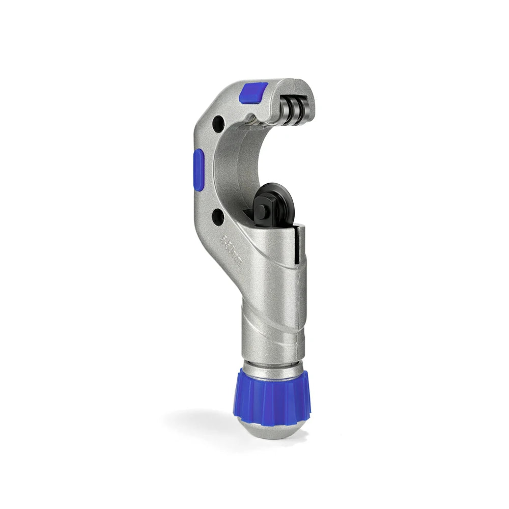 A silver metal pipe cutter tool with blue accents, shown on a clean white background.