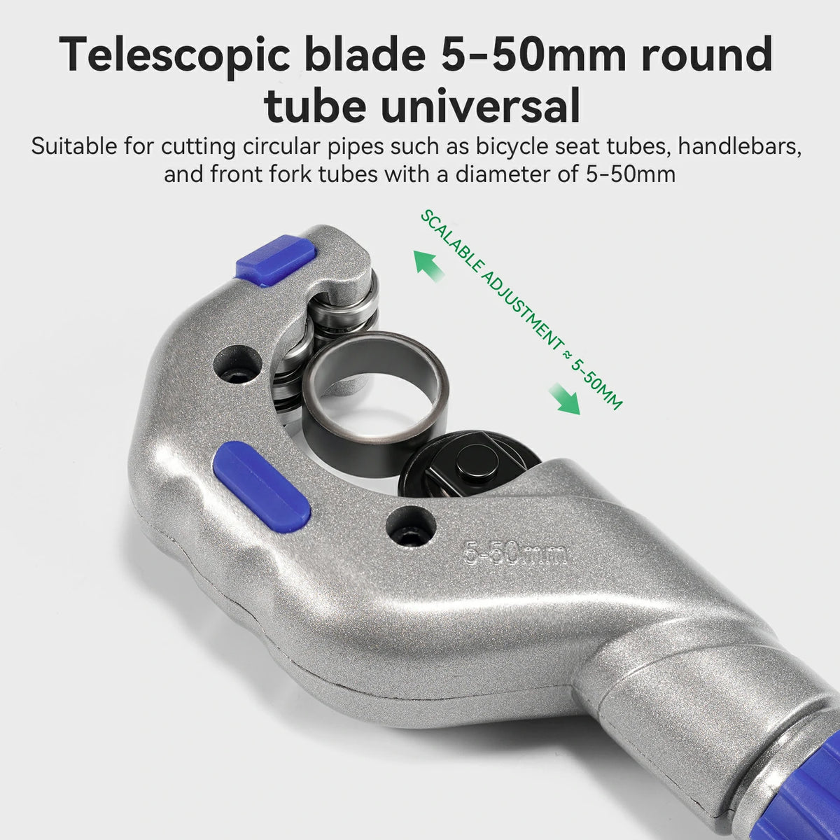 A silver telescopic round tube cutter with blue adjustment knobs, shown on a light gray background with descriptive text and arrows indicating a 5-50mm scalable adjustment.