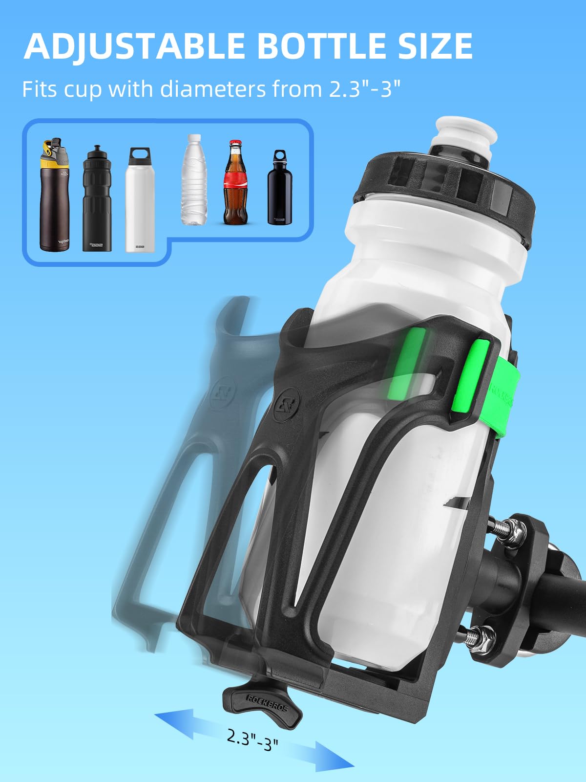 ROCKBROS Adjustable Water Bottle Holder for 2.3-3" Bottles, Bike & Motorcycle Mount