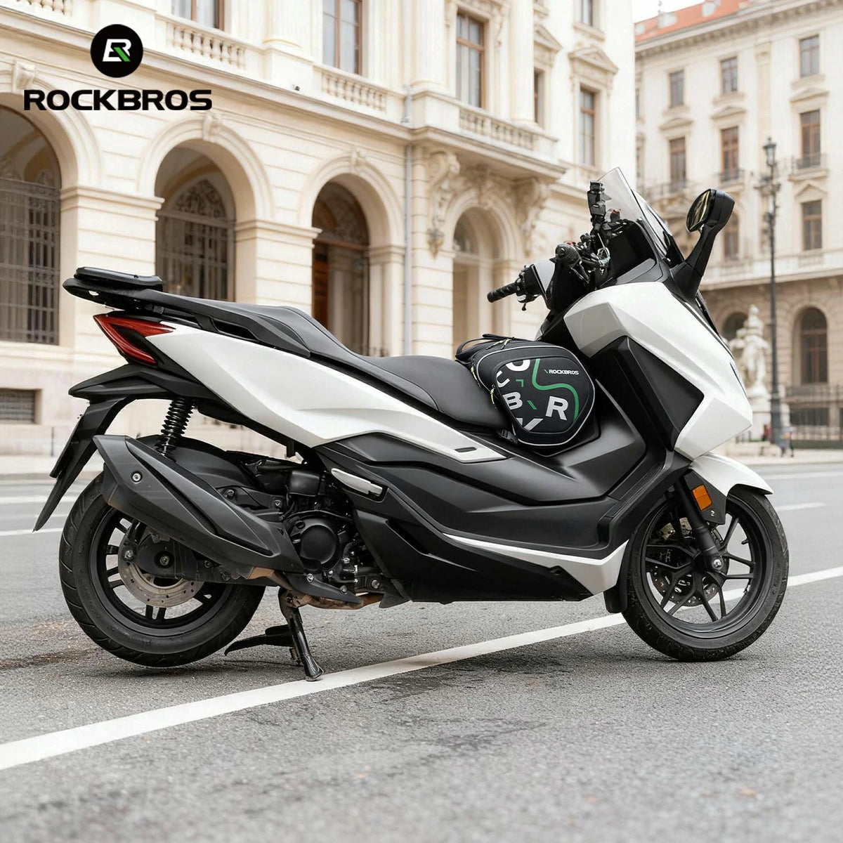 Lightweight 12L motorcycle bag with firm 3D design, rain cover, reflective details, and easy off-bike carry.