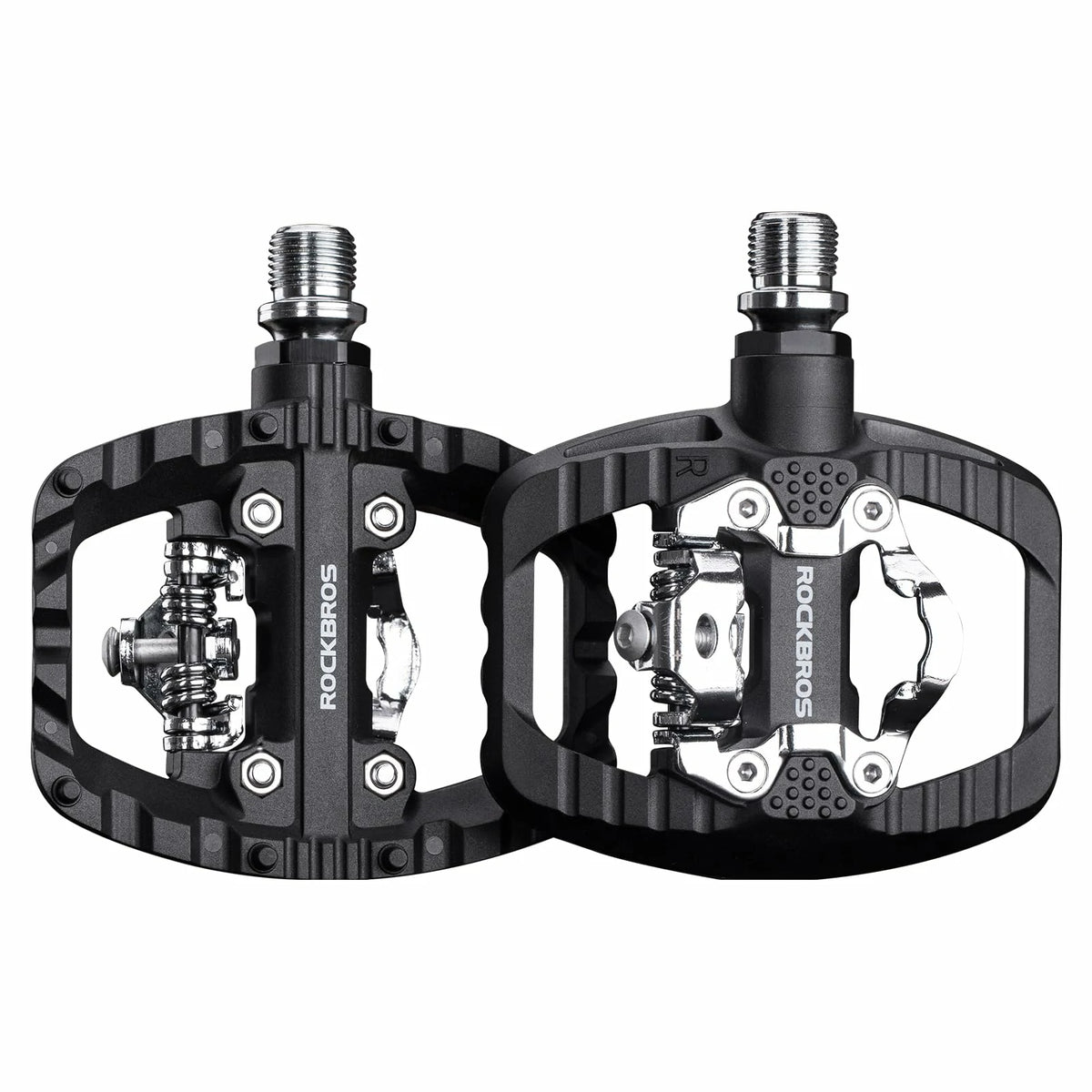 Black bicycle pedals with metallic components on a white background