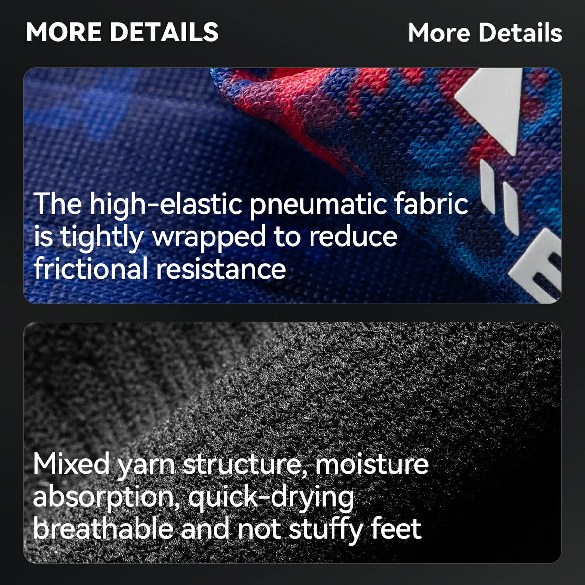 Text detailing high-elastic pneumatic fabric properties on a black background
