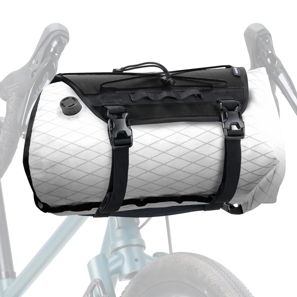 White quilted bike bag with black straps attached to a bicycle frame on a white background