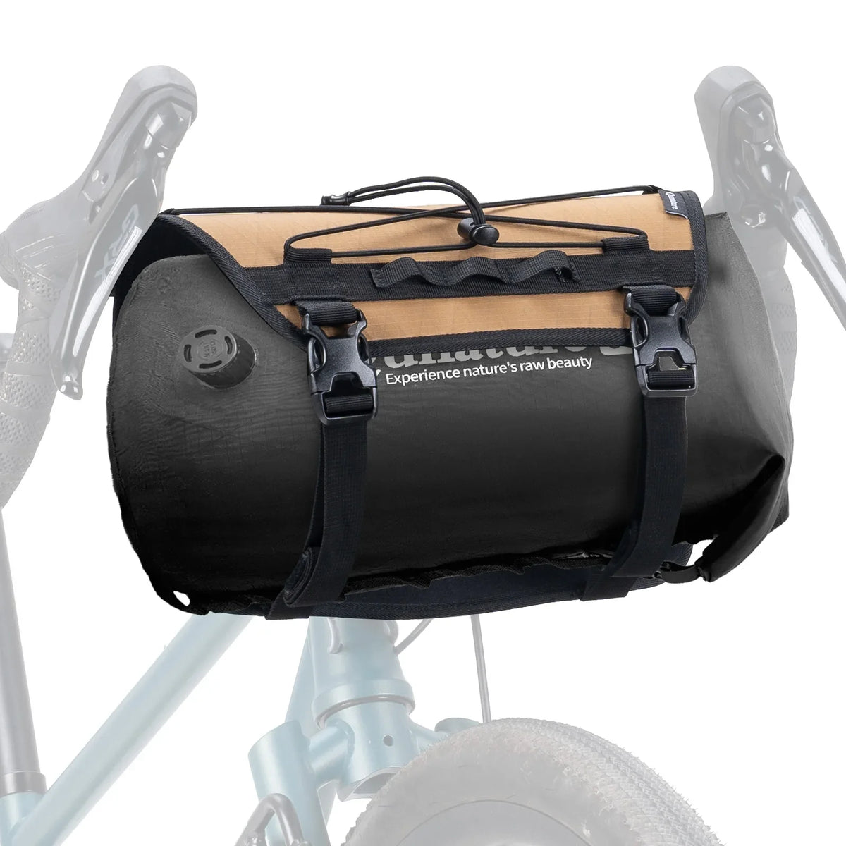 Black and beige bike bag attached to a bicycle on a white background