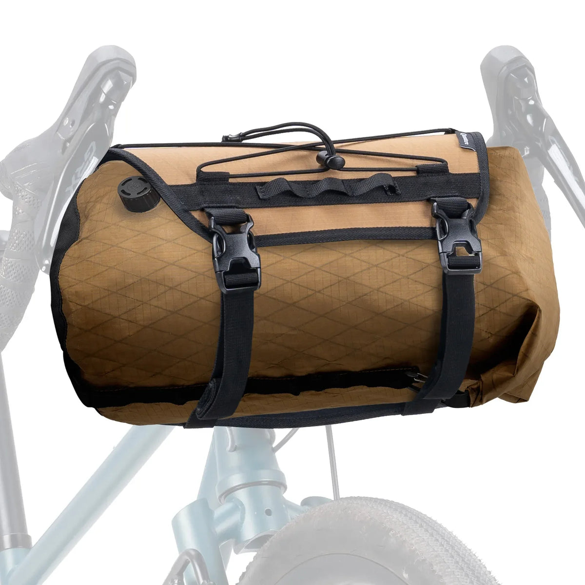 Brown quilted bike bag with black straps on a bicycle frame against a white background