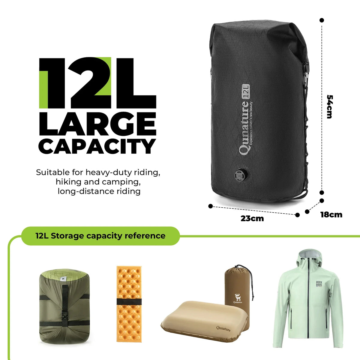 Black Qunature backpack with 12L capacity, dimensions, and reference items on a white background