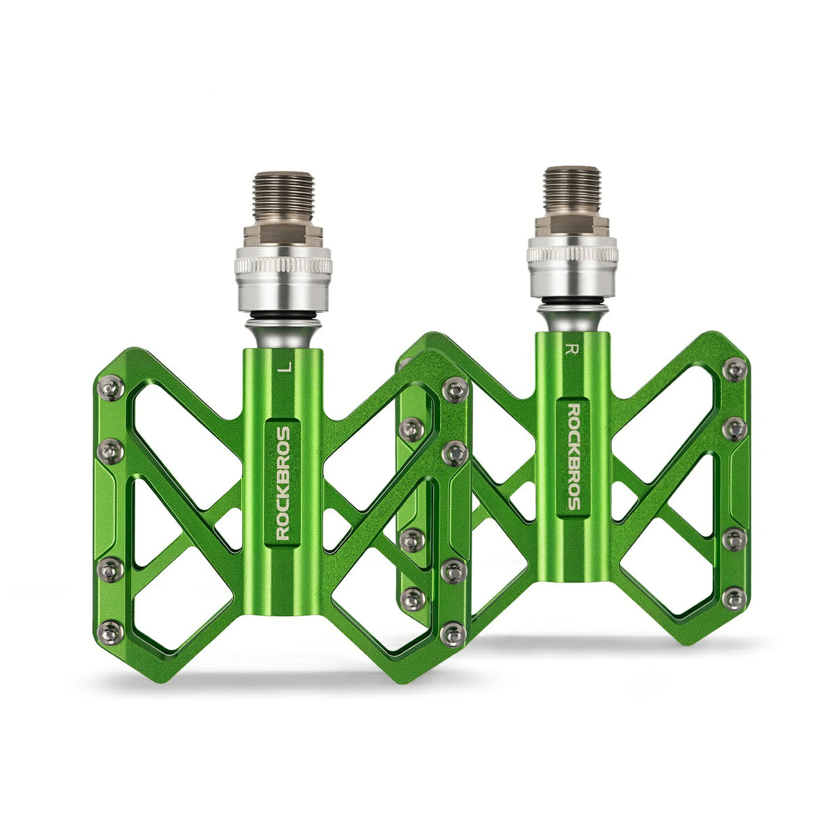 A pair of green RockBros bicycle drop cradles with silver threaded quick-release axles, displayed on a clean white background. #Color_Green