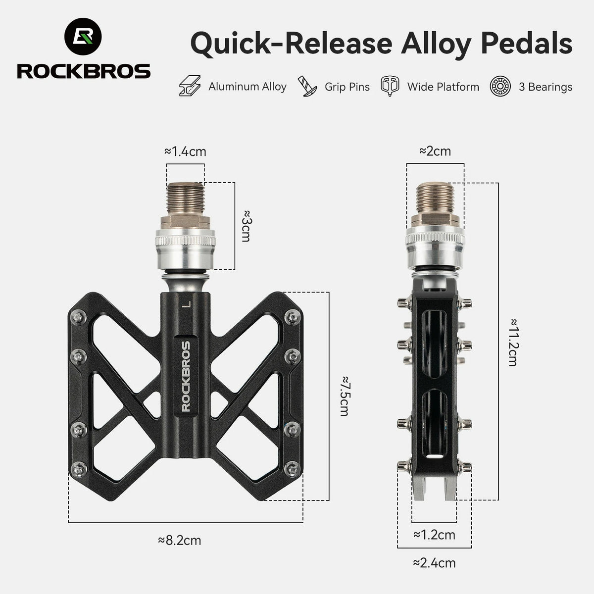 Rockbros Quick-Release Alloy Pedals shown with dimension callouts on a light gray background, including front and side views with measurements and feature icons. #Color_Black