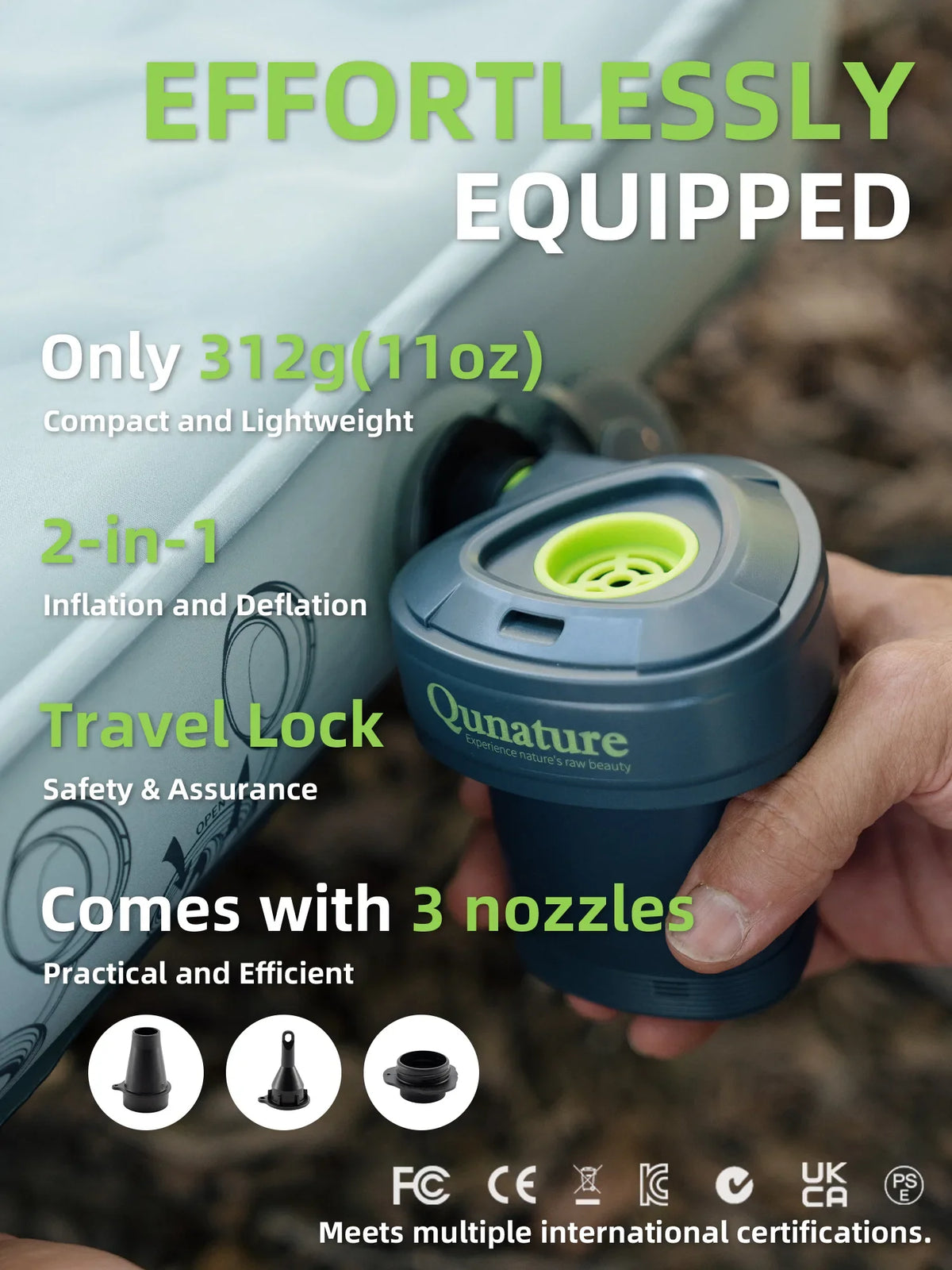 Blue inflation device held by a hand with text highlighting features, brand 'Qunature' visible.