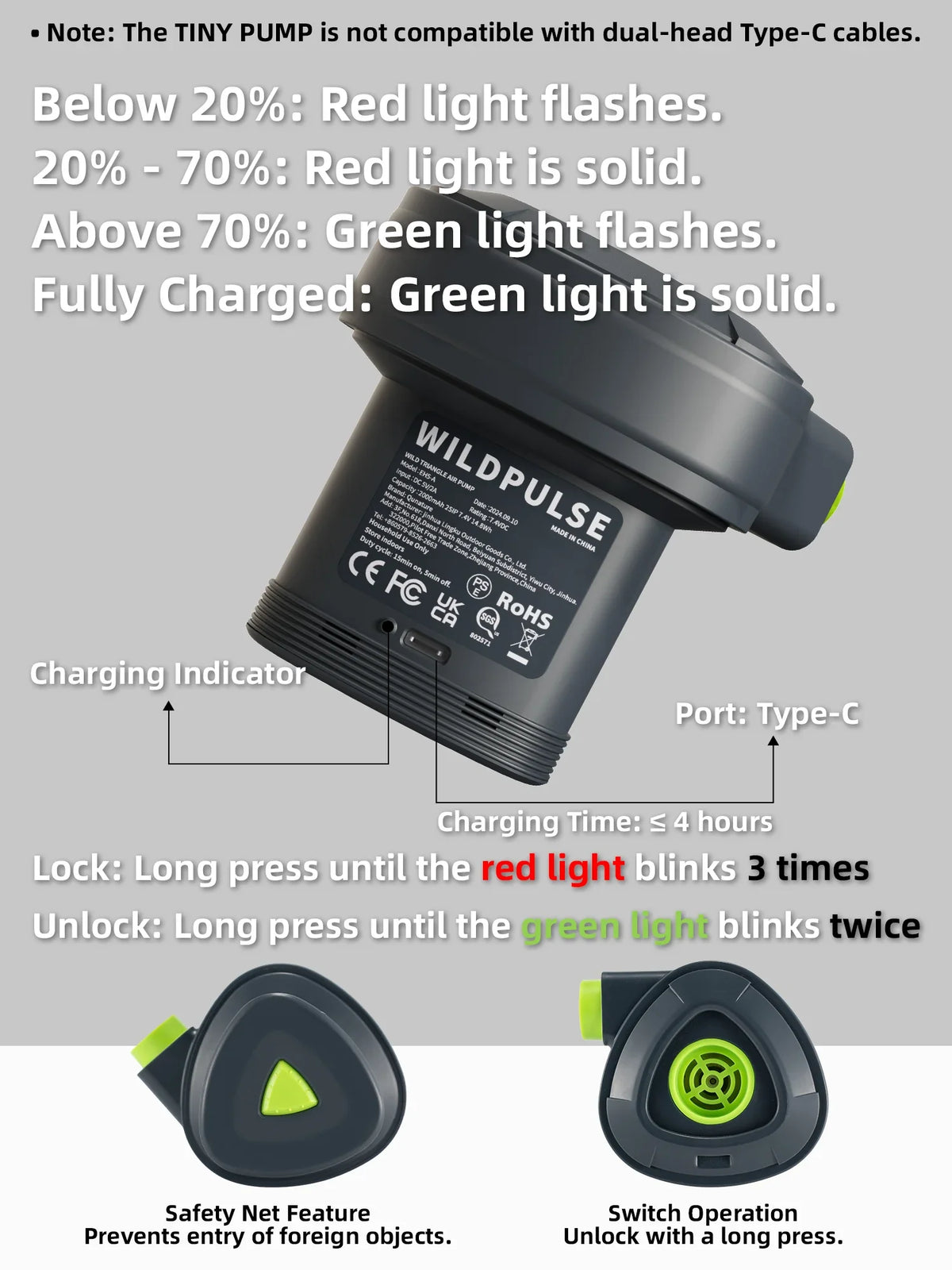 Wildpulse charging cable with charging indicator and lock/unlock features on a gray background