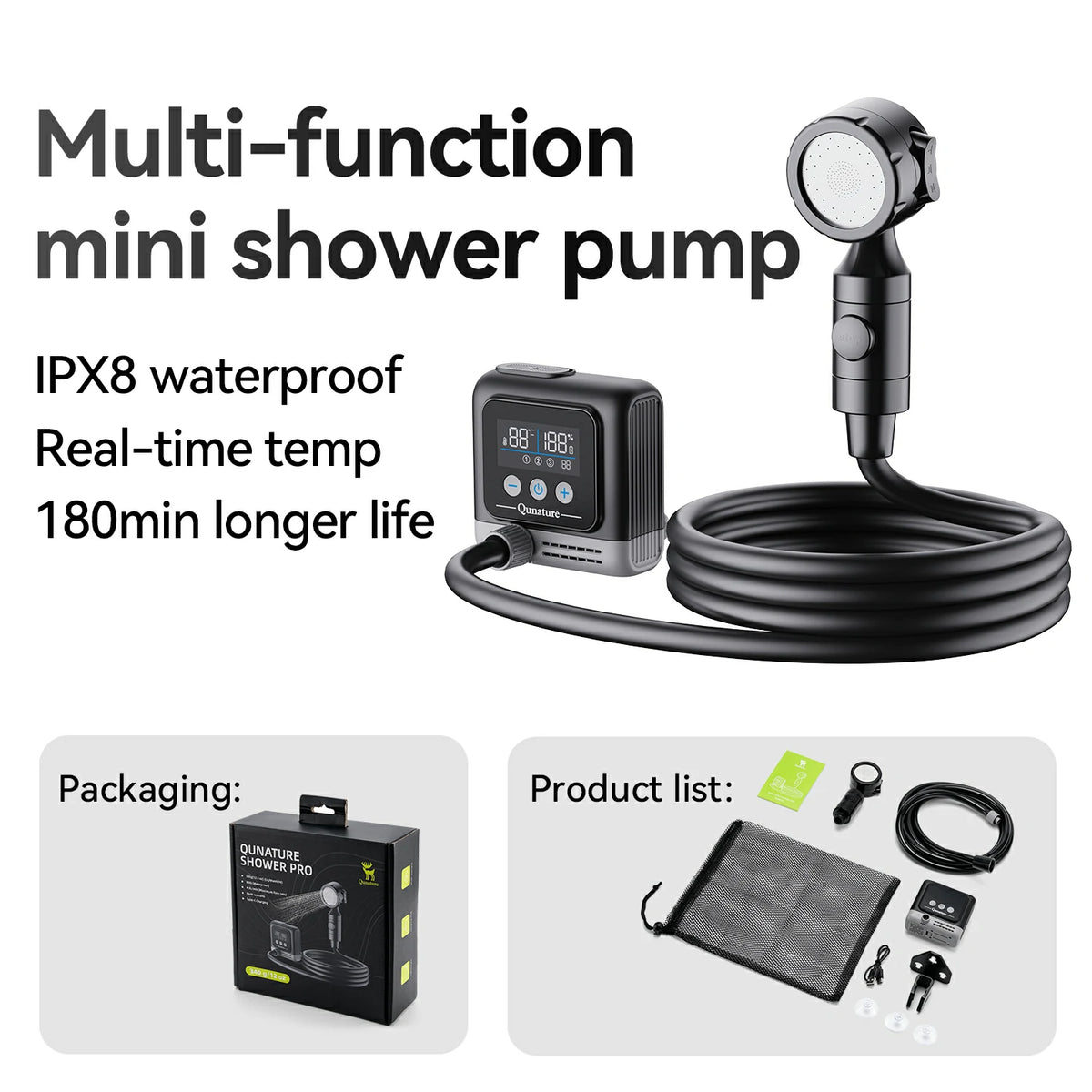Black multi-function mini shower pump with a coiled hose, handheld wand head, digital control box, carrying pouch, and accessories shown on a white background with text describing features and packaging/product list.