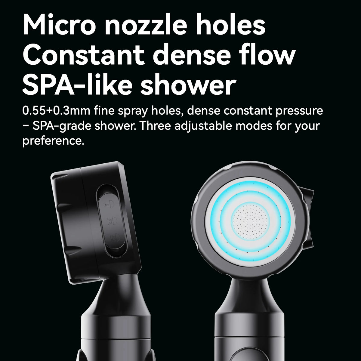 Black handheld shower head shown from two angles on a black background, with white marketing text describing micro nozzle holes, constant dense flow, and SPA-like shower features.