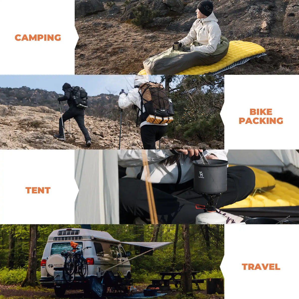 Collage of outdoor activities including camping, bike packing, and travel with text labels.
