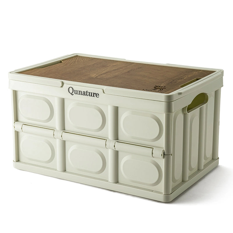 Storage box with wooden top and beige body on a white background